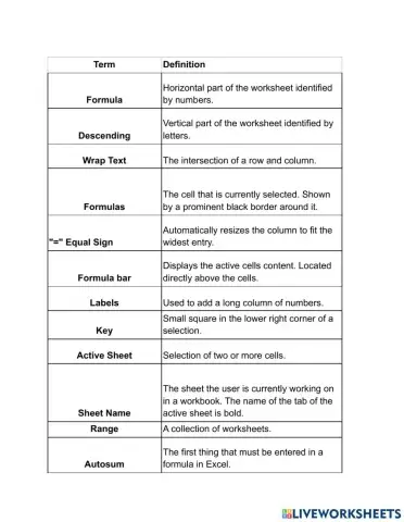 Spreadsheet Vocabulary Matching