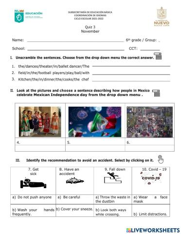 6th grade quiz november