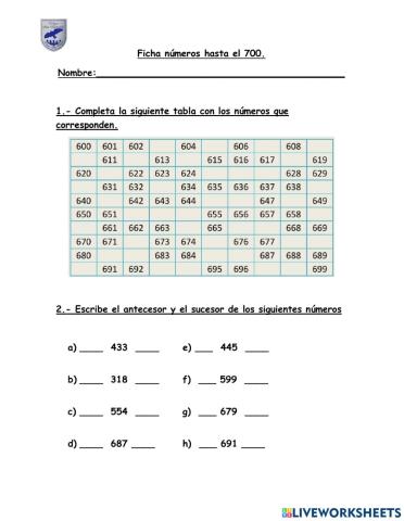 Numeros hasta el 700