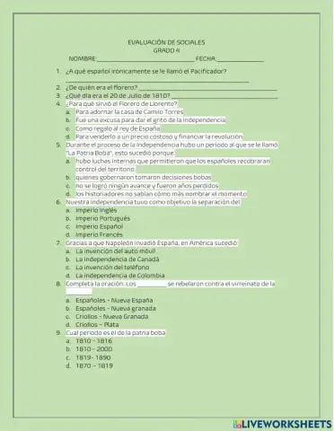 Evaluación historia de colombia