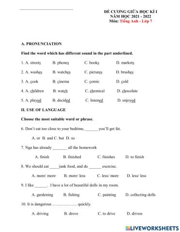 Đề cương ôn tập thi giữa kỳ 1 - 1