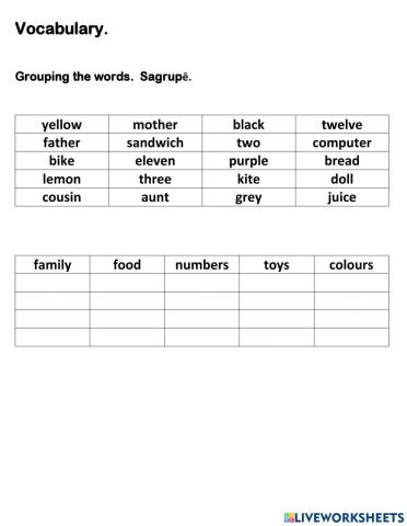 Vocabulary toys, numbers, colours food family