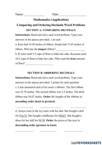 Comparing and Ordering Decimals Word Problems