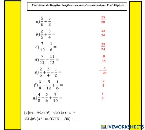 Operações com frações e expressões numéricas com raízes e potências