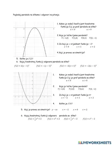 Graf kvadratne funkcije - formativno vrednovanje