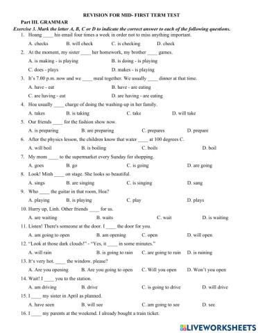 Revision for first mid-term test - grammar - grade 10