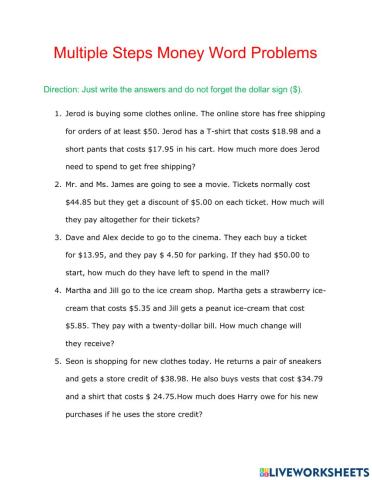 Multi-steps money word problems