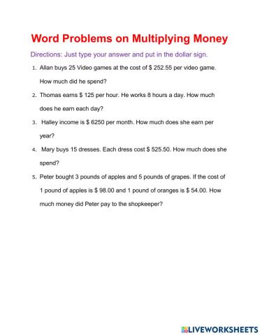 Word problem on multiplying money