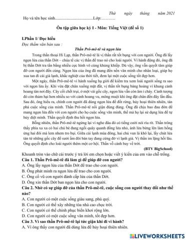 Đề ôn giữa kì 1 TV số 1