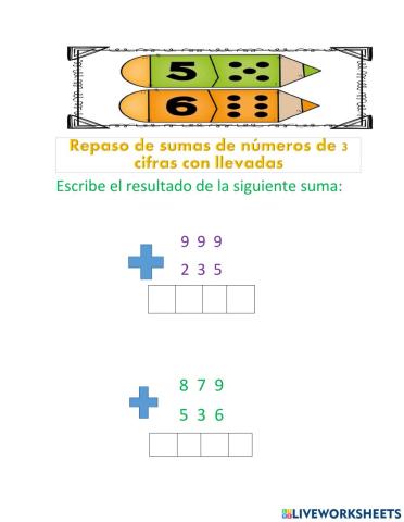 Repaso de sumas de números de 3 cifras con llevadas
