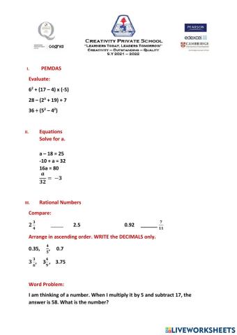 PEMDAS, Equations and Rational Numbers