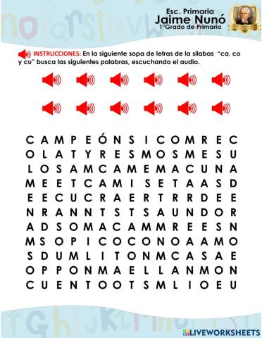 Sopa de Letra Ca, Co y Cu