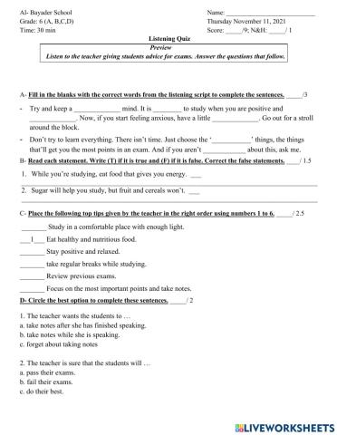 Gr. 6 listening Quiz