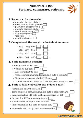 Numere 0-1000. Formare, comparare, ordonare