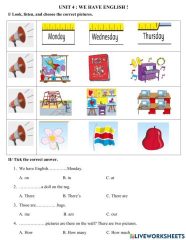 Exercise - Unit 4: We have English - Grade 4