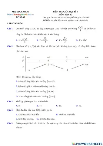 Toán 12 - Kiểm tra GK1 - Đề số 05