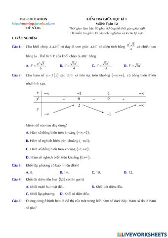 Toán 12 - Kiểm tra GK1 - Đề số 05