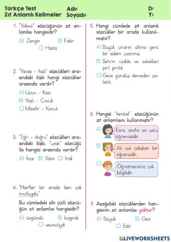 Zıt Anlamlı Sözcükler Test