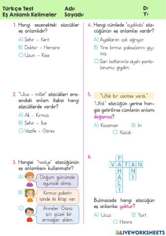 Eş Anlamlı Kelimeler Test