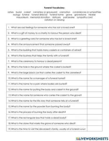 Vocabulary Exercise - Funerals
