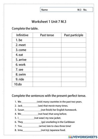 Worksheet 1 unit 7 M3