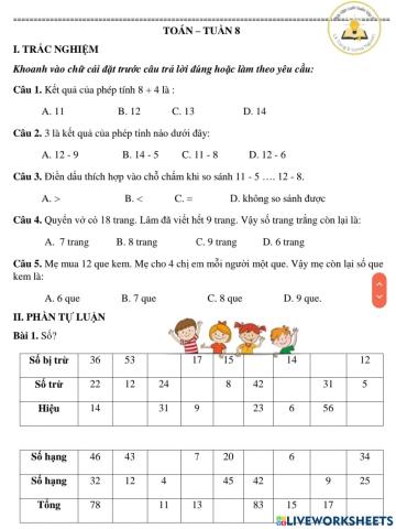 Ôn tập giữa học kì 1 - lớp 2