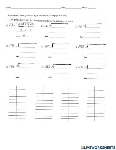 Squares Roots using Prime Factors
