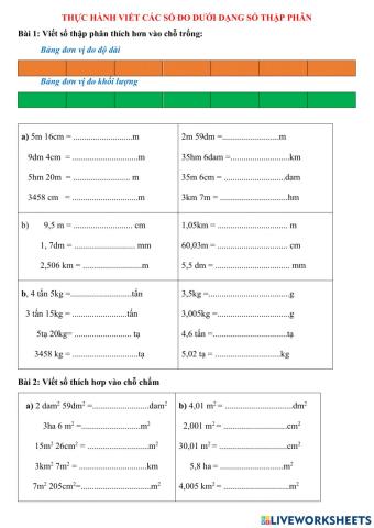 Ôn viết số đo dạng STP