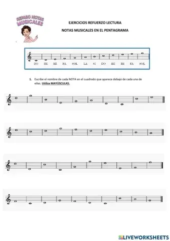 Ejercicios refuerzo lectura notas musicales en el pentagrama