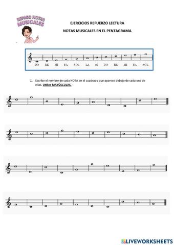 Ejercicios refuerzo lectura notas musicales en el pentagrama