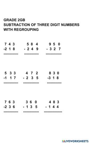 Subtraction of 3 digit numbers with renaming