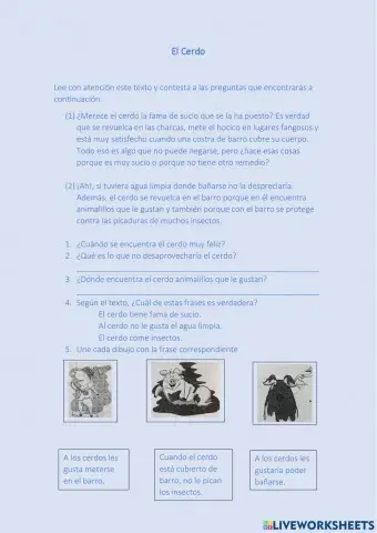 El Cerdo comprensión de lectura