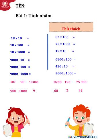 Nhân-Chia nhấm cho 10, 100, 1000, ...
