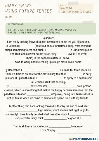 Diary Entry- future tenses