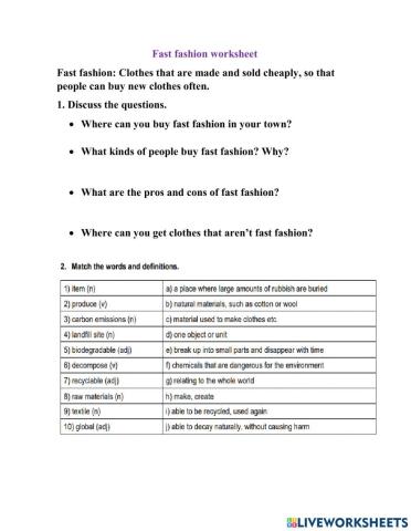 Fast fashion worksheet