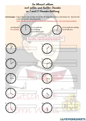 Die Uhrzeit ablesen mit vollen und halben Stunden