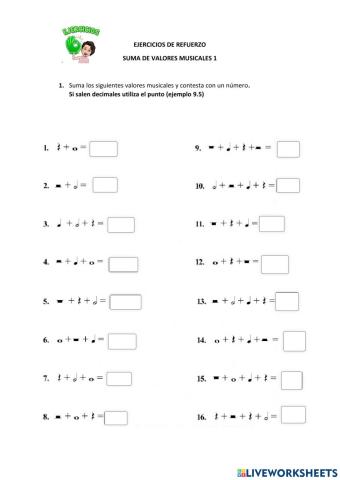Ejercicios de refuerzo suma de valores 1