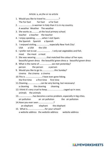 Article: a an the,  no article