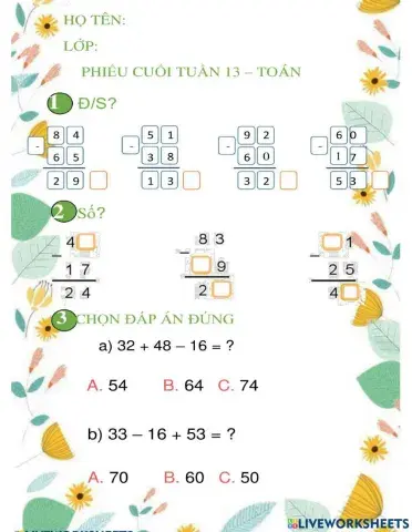Phiếu toán cuối tuần 13