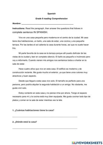 Grade 9 Reading comprehension