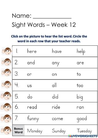 Sight Words week 12