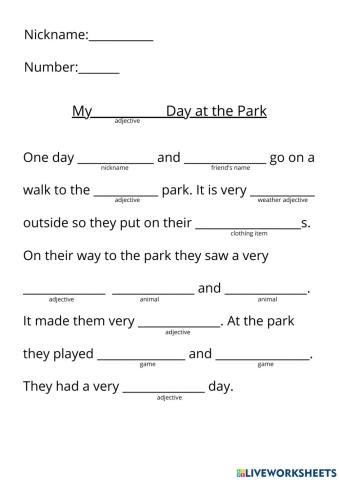 Grade 1 Madlibs ESL