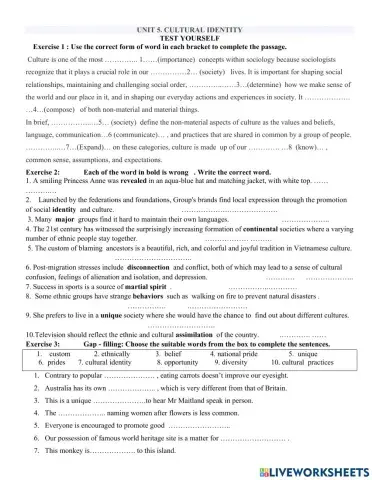 Unit 5. cultural identity TEST YOURSELF