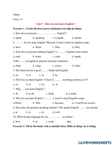 Grade  : Unit 7 : How do you learn English ?