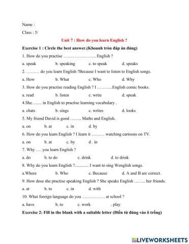 Grade 5 : Unit 7: How do you learn English ?