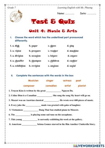 English 7 - Unit 4 - Test 1