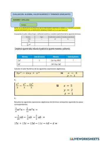 Algebra, valor numerico y terminos semejantes
