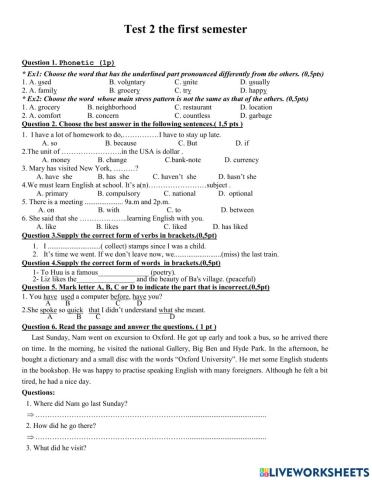 Test 2 Grade 9 1st semester