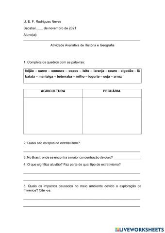 Atividade avaliativa de geografia e história