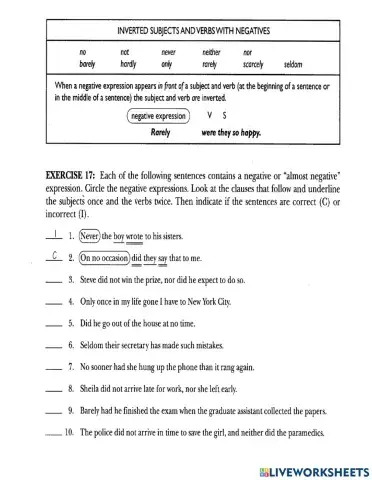 Subject verb inversion with negatives